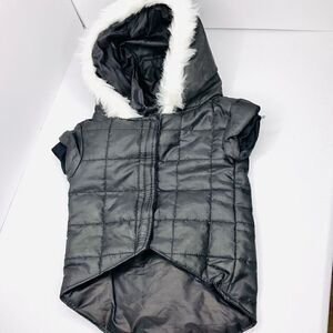 Small Dog Puffer Sleeveless Vel cro Fastened Fur Hoodie In Black